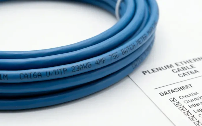 Close-up of CMP cable jacket marking showing Cat6A, U/UTP, 23AWG, 4PR and CMP rating Close-up of CMP cable jacket marking showing Cat6A, U/UTP, 23AWG, 4PR and CMP rating