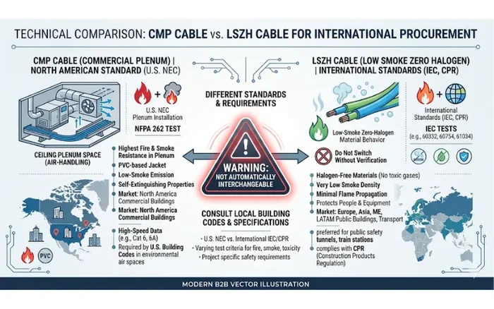 Comparison infographic explaining that CMP cable and LSZH cable are not automatically interchangeable Comparison infographic explaining that CMP cable and LSZH cable are not automatically interchangeable