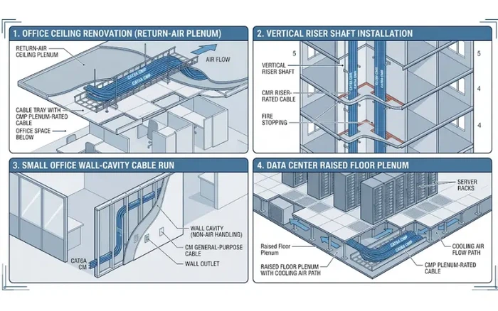 Four practical installation scenarios for CMP, CMR and CM cable selection in commercial buildings Four practical installation scenarios for CMP, CMR and CM cable selection in commercial buildings