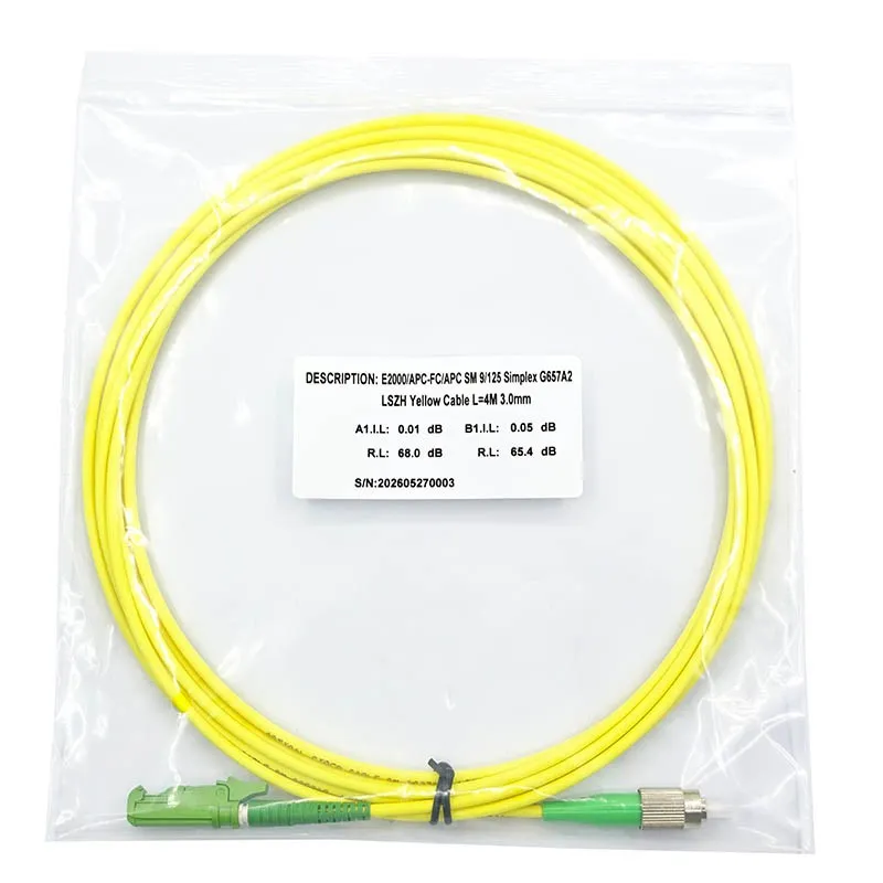 E2000/APC To FC/APC Single Mode Fiber Patch Cable, G.657.A2, LSZH Yellow, 3.0mm, 4m best