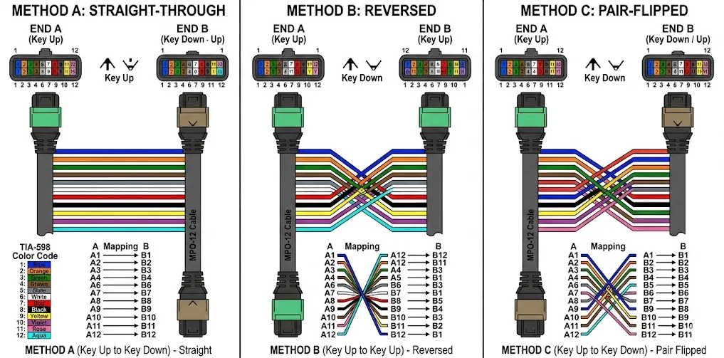 Diagram illustrating MPO Cable Polarity Method A, Method B, and Method C fiber mapping, showing straight-through, reversed, and flipped pair configurations with key-up to key-down connector orientations for structured data center cabling architecture. Diagram illustrating MPO Cable Polarity Method A, Method B, and Method C fiber mapping, showing straight-through, reversed, and flipped pair configurations with key-up to key-down connector orientations for structured data center cabling architecture.