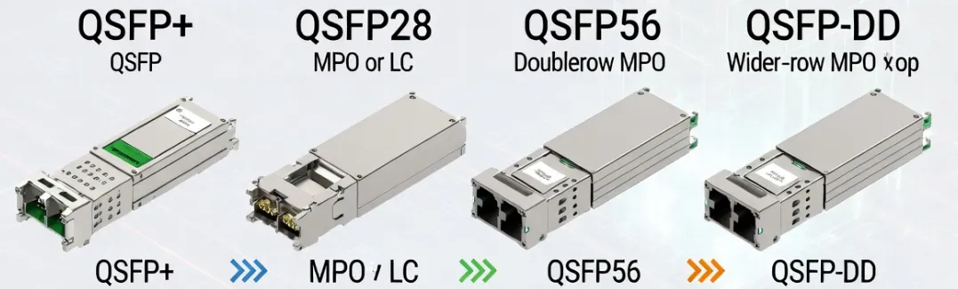 Comparison of optical transceiver form factors including QSFP+, QSFP28, QSFP56, and QSFP-DD showing PAM4 and NRZ modulation interfaces Comparison of optical transceiver form factors including QSFP+, QSFP28, QSFP56, and QSFP-DD showing PAM4 and NRZ modulation interfaces