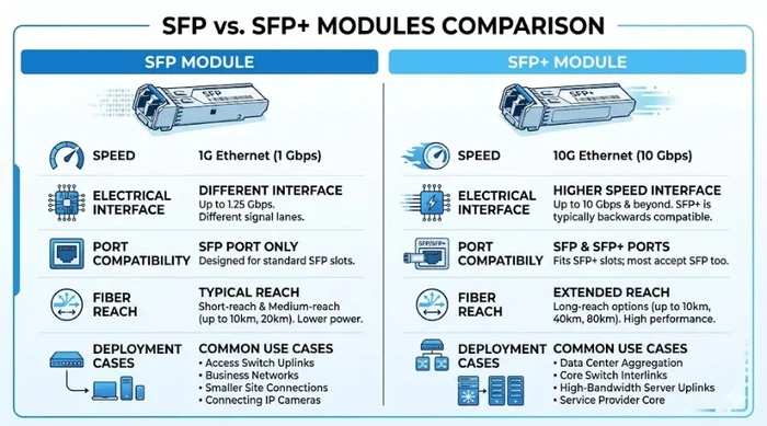 SFP vs SFP+ comparison showing 1G and 10G speed, form factor, reach, and deployment differences SFP vs SFP+ comparison showing 1G and 10G speed, form factor, reach, and deployment differences