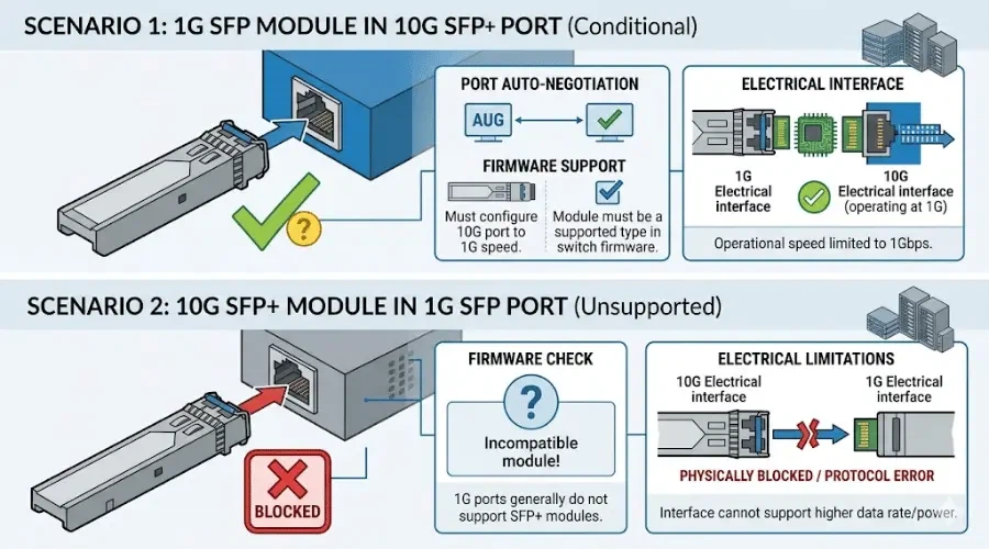 SFP and SFP+ port compatibility diagram showing when 1G SFP works in SFP+ ports and why SFP+ does not work in SFP ports SFP and SFP+ port compatibility diagram showing when 1G SFP works in SFP+ ports and why SFP+ does not work in SFP ports