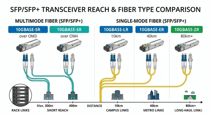 Fiber type and reach comparison for SFP and SFP+ transceivers using multimode and single-mode fiber Fiber type and reach comparison for SFP and SFP+ transceivers using multimode and single-mode fiber