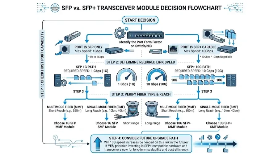 Decision flowchart for choosing between SFP and SFP+ transceiver modules Decision flowchart for choosing between SFP and SFP+ transceiver modules