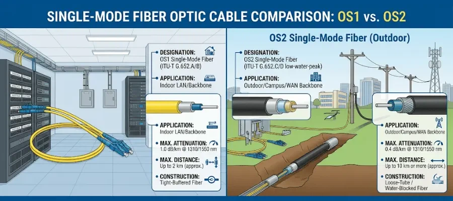 Tight buffered OS1 fiber cable and loose tube OS2 fiber cable construction comparison Tight buffered OS1 fiber cable and loose tube OS2 fiber cable construction comparison