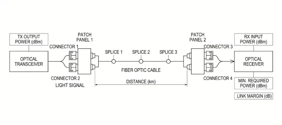 Fiber optic link budget diagram including transceiver connectors splices and cable attenuation Fiber optic link budget diagram including transceiver connectors splices and cable attenuation