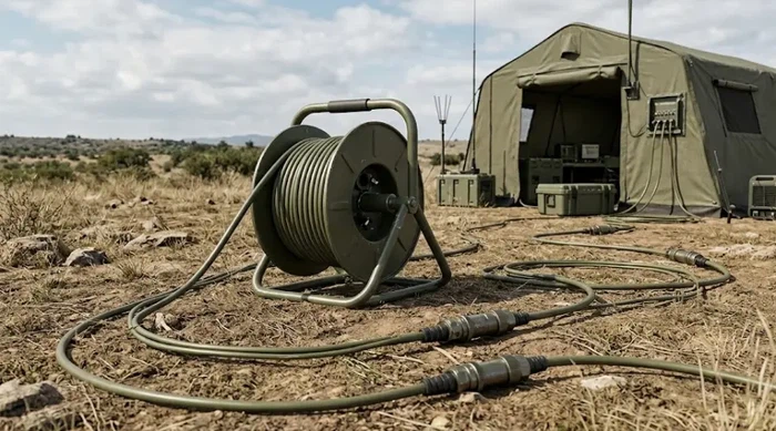 Tactical fiber optic cable deployed from a reel for field communication network Tactical fiber optic cable deployed from a reel for field communication network