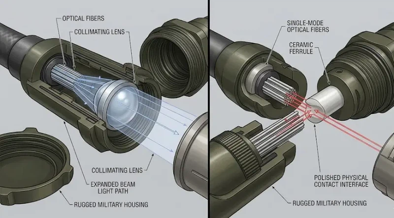 Expanded beam and physical contact military fiber optic connectors comparison Expanded beam and physical contact military fiber optic connectors comparison