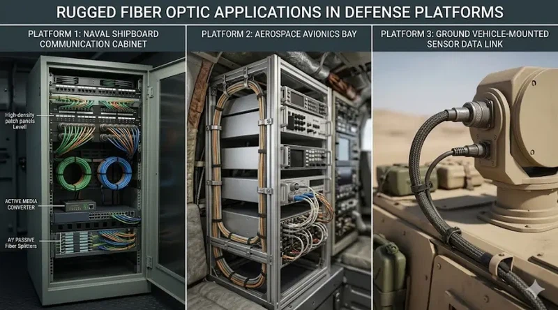 Military fiber optic cable used in shipboard aerospace and vehicle communication systems Military fiber optic cable used in shipboard aerospace and vehicle communication systems