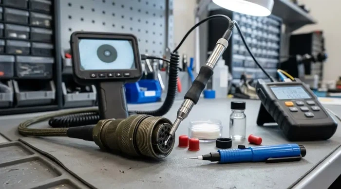 Cleaning and testing military fiber optic connectors before deployment Cleaning and testing military fiber optic connectors before deployment