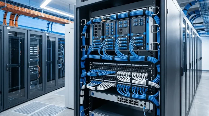 Modular fiber and copper patch panel cassettes installed in a data center rack Modular fiber and copper patch panel cassettes installed in a data center rack