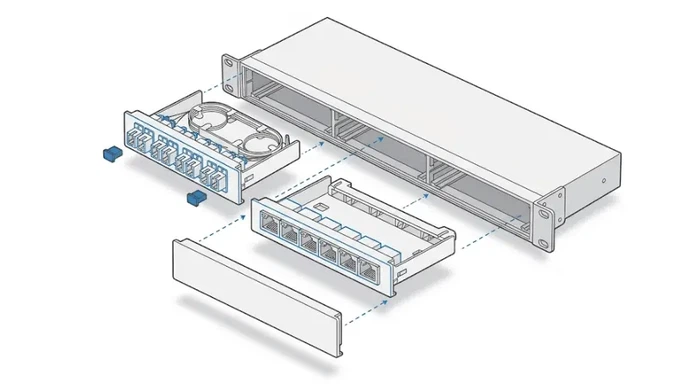 Exploded view of a modular patch panel with removable fiber and copper cassettes Exploded view of a modular patch panel with removable fiber and copper cassettes