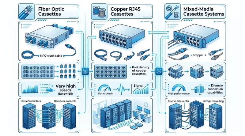 Comparison of fiber cassettes copper cassettes and mixed-media patch panel cassettes Comparison of fiber cassettes copper cassettes and mixed-media patch panel cassettes