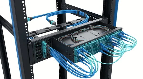 MPO MTP trunk cable connected to a fiber cassette with LC duplex front ports MPO MTP trunk cable connected to a fiber cassette with LC duplex front ports