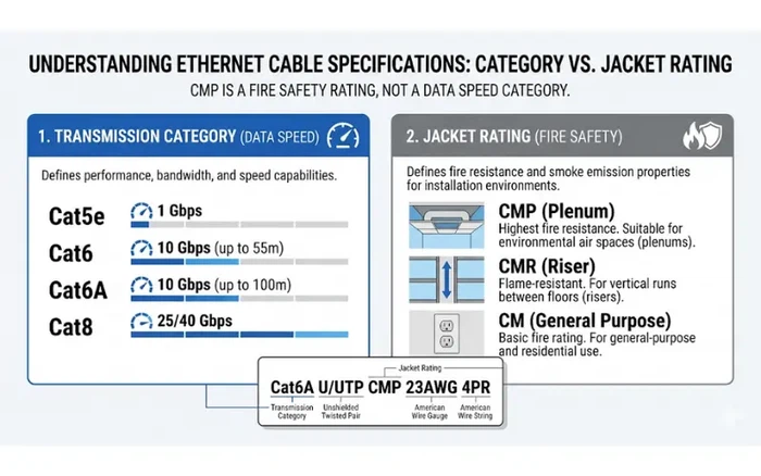 Infographic showing that CMP is a cable jacket fire rating while Cat6 and Cat6A are transmission categories Infographic showing that CMP is a cable jacket fire rating while Cat6 and Cat6A are transmission categories