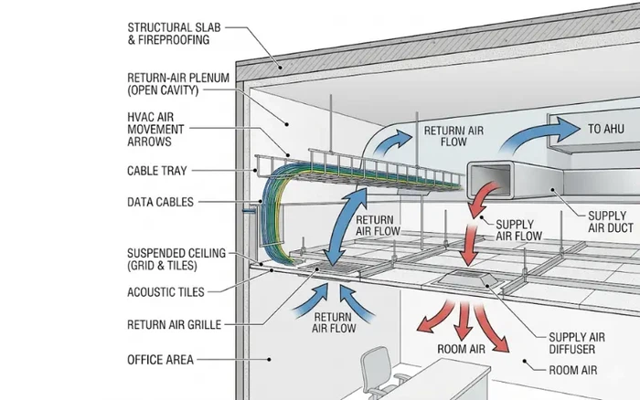 Cutaway diagram of a commercial office return-air plenum space above a suspended ceiling Cutaway diagram of a commercial office return-air plenum space above a suspended ceiling