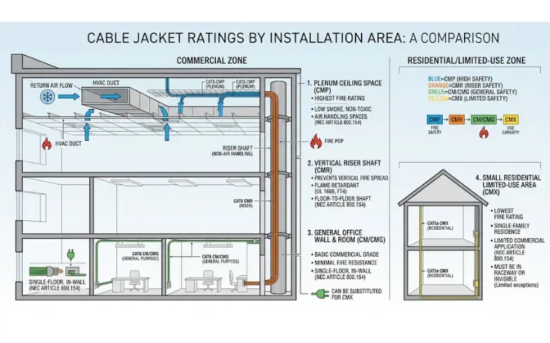 Building diagram comparing CMP, CMR, CM and CMX cable jacket ratings by installation location Building diagram comparing CMP, CMR, CM and CMX cable jacket ratings by installation location