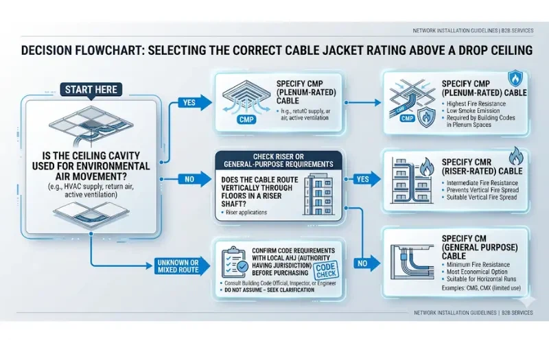 Building diagram comparing CMP, CMR, CM and CMX cable jacket ratings by installation location Building diagram comparing CMP, CMR, CM and CMX cable jacket ratings by installation location