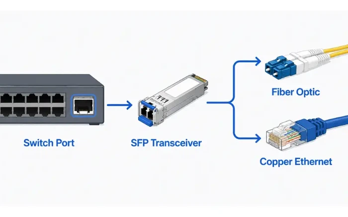 Diagram showing how an SFP module connects a network switch to fiber or copper cabling Diagram showing how an SFP module connects a network switch to fiber or copper cabling