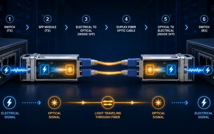 SFP transceiver converting electrical signals into optical signals over fiber SFP transceiver converting electrical signals into optical signals over fiber