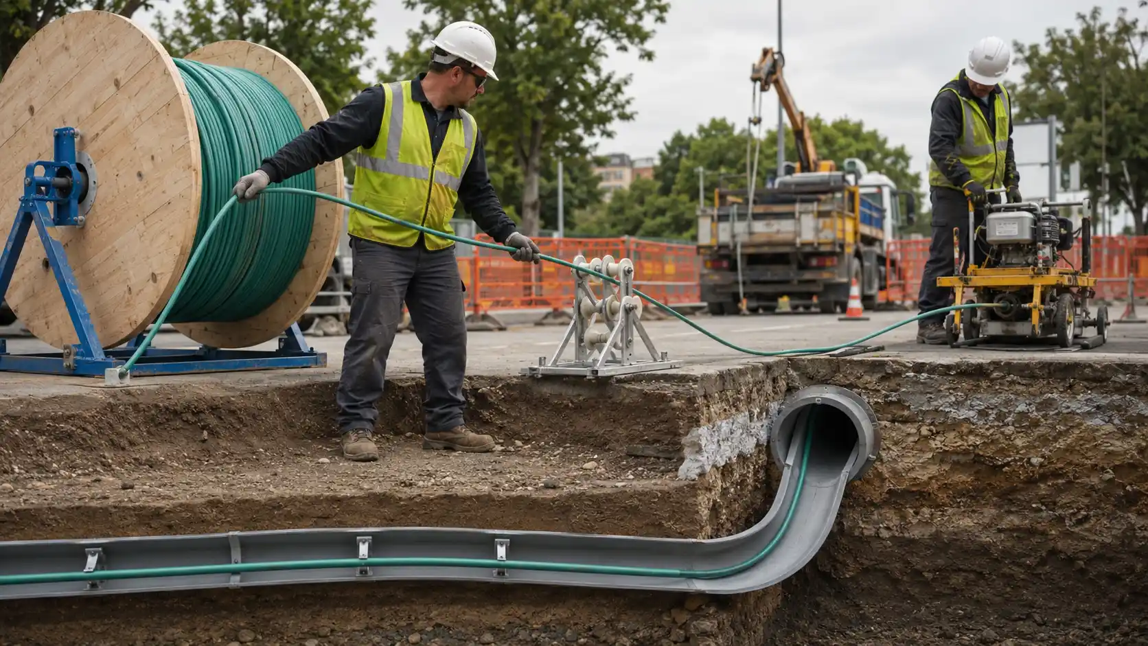 Fiber optic cable pulling through conduit Fiber optic cable pulling through conduit