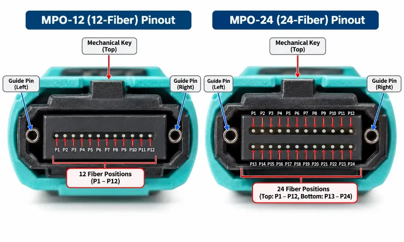 MPO-12 and MPO-24 fiber pinout MPO-12 and MPO-24 fiber pinout
