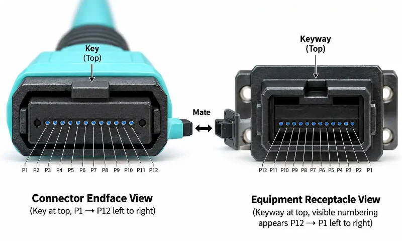 MPO connector and receptacle pinout views MPO connector and receptacle pinout views