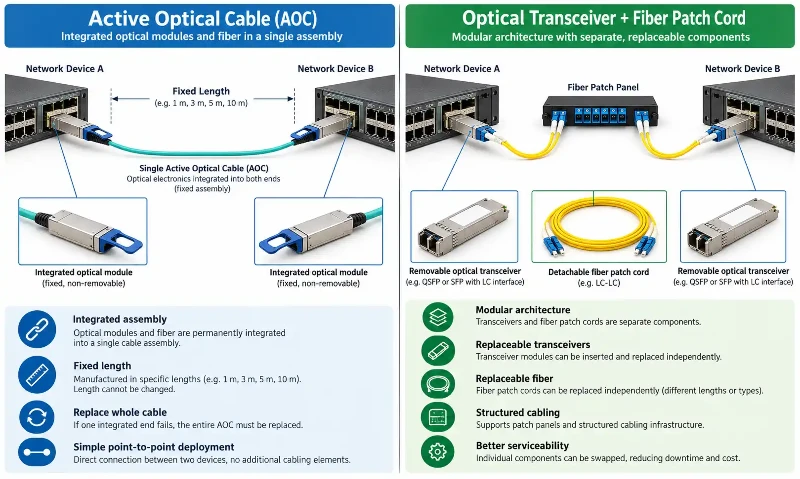 AOC vs optical transceiver and fiber AOC vs optical transceiver and fiber
