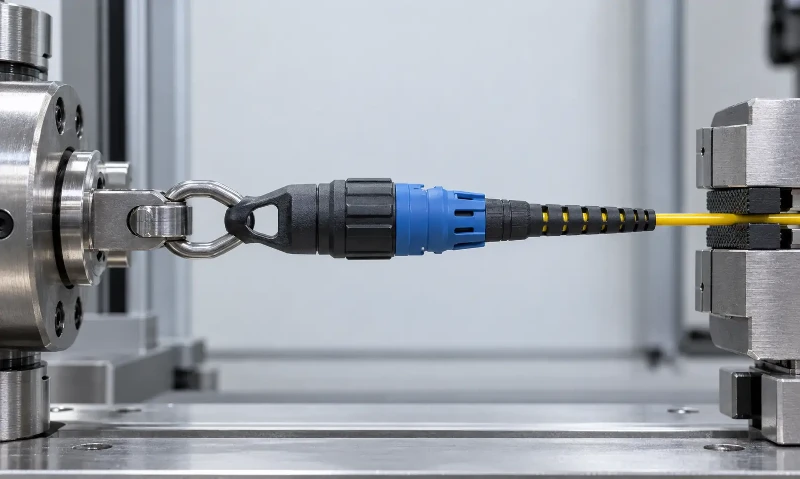 Pulling cap straight pull test on a fiber optic connector Pulling cap straight pull test on a fiber optic connector