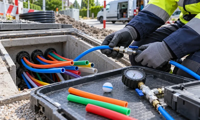 Microduct proofing test at an outdoor fiber installation site Microduct proofing test at an outdoor fiber installation site