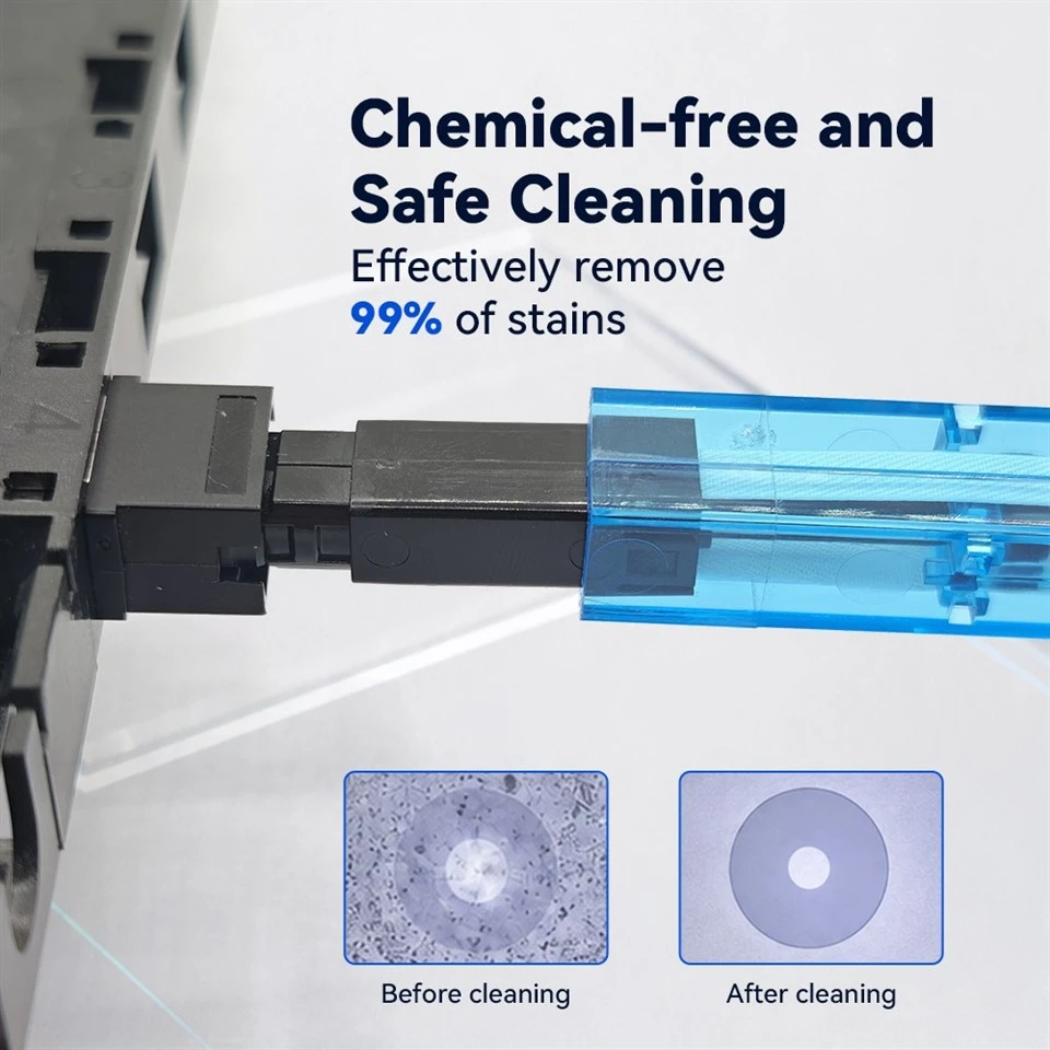 Dry MPO connector cleaning pen removing contamination from a multi-fiber end face